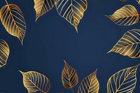 Elegant golden leaves with detailed veining on deep navy blue background create luxurious botanical pattern for sophisticated design projects and home decor.