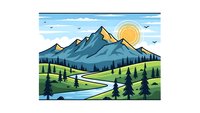 Mountain landscape with winding river through green valley, pine forest and snow-capped peaks under sunny sky with flying birds for outdoor adventure designs.
