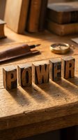 Vintage wooden letterpress blocks spelling POWER on rustic desk with compass and books, warm sunlight casting dramatic shadows.