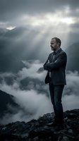 Confident businessman standing on mountain peak with dramatic cloudy sky and sunbeams breaking through storm clouds in moody atmospheric landscape.