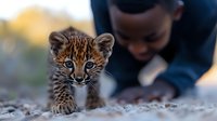 Adorable spotted ocelot cub with bright blue eyes walking on ground while African American child observes wildlife in natural habitat, selective focus on kitten.