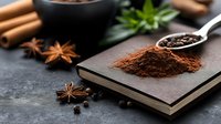 Ground cinnamon powder on dark wooden board with star anise, cinnamon sticks and black peppercorns, moody food photography with natural lighting.