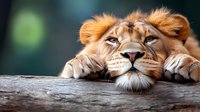Male lion resting head on paws with peaceful expression against dark background, showing majestic mane and facial features in close-up wildlife portrait.