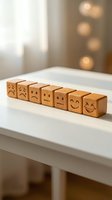 Wooden emotion blocks showing progression from sad to happy faces arranged on white surface with warm bokeh lights background for wellness concepts.