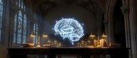Glowing holographic brain floating above wooden table in gothic cathedral interior with stained glass windows and warm lighting atmosphere.