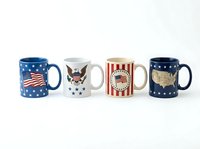 Patriotic ceramic mugs with American flag, eagle, and stars designs isolated on white background, ready for product display, merchandise, or promotional use.