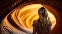 Young woman with long blonde hair standing in surreal golden tunnel with swirling patterns and dramatic lighting creating mysterious atmospheric mood.