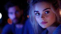 Young blonde woman with blue eyes in neon lighting portrait with bokeh background for nightlife and urban photography projects.