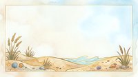 Coastal seashore landscape with sandy beach, seashells, and beach grass in watercolor style, suitable for beach-themed designs and coastal decor projects.