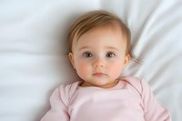 Sweet baby wearing pink onesie lying on white bedding, looking directly at camera with bright eyes and gentle expression. Soft natural lighting creates tender mood.