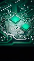Green circuit board with glowing microchips and electronic components for technology and computing concepts.