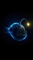 Glowing blue polygonal anglerfish with luminous lure on dark background. Digital wireframe marine predator concept for technology and ocean themes.