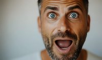 Close up portrait of excited middle aged man with beard and bright blue eyes expressing extreme surprise and joy with mouth open and raised eyebrows.