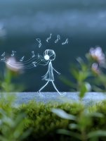 Whimsical line drawing of girl walking with musical notes floating around her head, set against natural green moss background with soft bokeh effect.