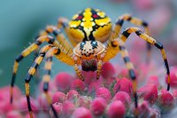 Marbled orb weaver spider with distinctive yellow and black pattern perched on pink flowers, macro photography showing intricate details against blurred background.