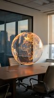 Illuminated globe with glowing network connections on modern office desk showcasing global business connectivity and international communication technology.