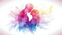 Watercolor silhouette of loving couple embracing with decorative swirls and splashes in vibrant pink purple blue yellow gradient colors for romance design.