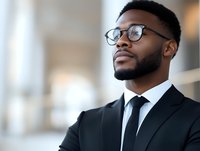 Young African American businessman in glasses and black suit looking confidently ahead. Professional corporate portrait with soft background for business concepts.