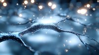 Glowing neural network visualization with blue luminous connections and bokeh light effects, abstract technology background for AI and deep learning concepts.