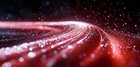 Glowing red light trails with bokeh particles creating dynamic motion path against dark background, abstract technology concept for digital connectivity.