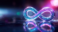 Glowing infinity symbol in neon blue and purple colors with reflection on dark surface, abstract background with bokeh lights and futuristic digital effect.
