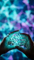 Hands holding glowing holographic circuit board with digital interface against blurred neon blue and purple tech background. For technology, innovation, and digital transformation concepts.