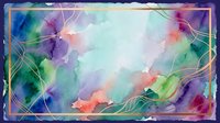 Watercolor abstract background with vibrant rainbow hues, flowing organic shapes, and golden geometric lines creating a modern artistic composition for creative design projects.