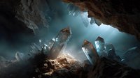 Underground crystal cave with large quartz formations and dramatic lighting creating mystical atmosphere for fantasy and adventure themes.