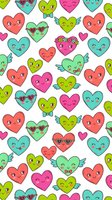 Cute kawaii hearts seamless pattern with smiling faces in bright colors, repeating design for wrapping paper, textile and greeting cards.