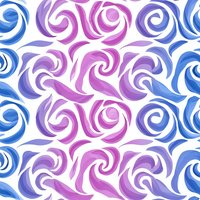 Seamless watercolor swirl pattern in blue and purple shades creates flowing abstract design. Repeating motif for fabric, wallpaper and surface decoration.