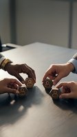 Business professionals selecting team members with glowing user icons on wooden conference table representing recruitment and human resources strategy.