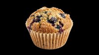Blueberry muffin with golden-brown crumb top and paper wrapper, isolated on transparent background, ready for bakery designs, menus, and print-on-demand products.