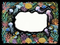 Colorful underwater ocean frame with coral, seaweed, jellyfish, and tropical fish, isolated on transparent background, ready for cards, stickers, and print on demand.
