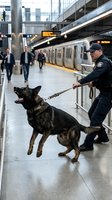 Police officer with K9 German Shepherd dog patrolling subway station platform during security operation with commuters and train in background.