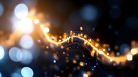 Abstract golden light wave flowing through dark space with glowing particles and bokeh effects for technology and energy concepts.