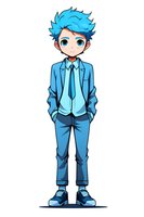 Anime style young businessman with blue hair in formal suit isolated on white background for character design and digital art projects.