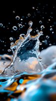 Dynamic water splash captured in macro photography against dark background, with floating droplets and crown formation creating artistic fluid motion in blue and orange tones.