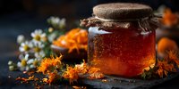 Golden honey jar with burlap lid surrounded by orange marigold flowers and chamomile blossoms on dark rustic wooden surface for natural organic food photography.