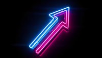 Neon arrow pointing upward with blue and pink glowing lights on dark background for business growth and success concepts.