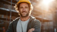 Smiling construction worker with curly hair and orange hard hat standing confidently at industrial site during golden hour sunset lighting.