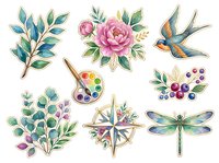 Watercolor botanical and nature elements including pink peony flower, flying bird, compass rose, dragonfly, artist palette, and decorative foliage isolated on white background for design projects.