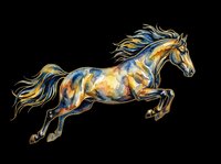 Majestic galloping horse with flowing mane and tail in gold, blue, and black tones. Isolated on transparent background, ready for t-shirts, stickers, clipart, and print-on-demand designs.