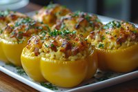 Yellow bell peppers stuffed with creamy rice and cheese mixture, topped with melted cheese and fresh herbs, served on white plate for appetizer or main dish.