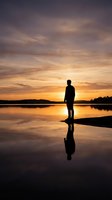 Silhouette of contemplative man standing by calm lake at golden sunset with dramatic sky and perfect water reflection creating peaceful solitude moment.