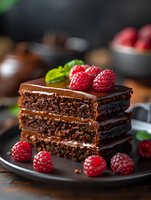 Layered chocolate cake slice with dark ganache frosting and fresh raspberries on black plate. Rich brown sponge texture with mint garnish creates luxurious dessert presentation.