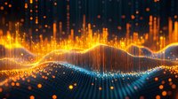 Glowing orange and blue wave visualization with digital particles floating in dark space, dynamic data representation showing flowing energy lines and dots.