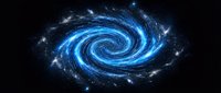 Glowing blue spiral galaxy with swirling cosmic dust and bright stars on black background. Suitable for space, astronomy, science fiction, and educational materials.