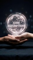 Hand holding glowing holographic sphere with core assumptions text, representing business strategy, fundamental principles, and digital innovation concepts for corporate presentations.
