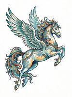 Ornate pegasus with decorative swirls and teal tones, isolated on transparent background, ready for t-shirt design, stickers, clipart, and print on demand use.
