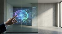 Professional hand touching glowing digital brain interface with neural network connections in modern office space, representing artificial intelligence, technology innovation, and data analysis.